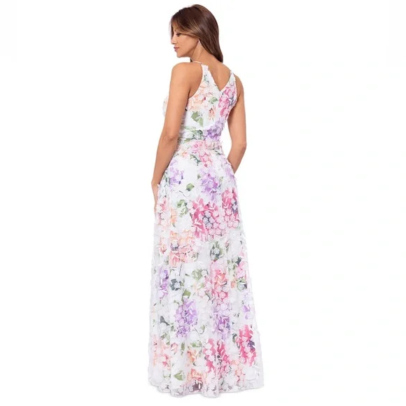 Xscape 3D-Appliqué Floral-Print Gown Size 4 White‎ Pink Formal Evening Dress Maxi